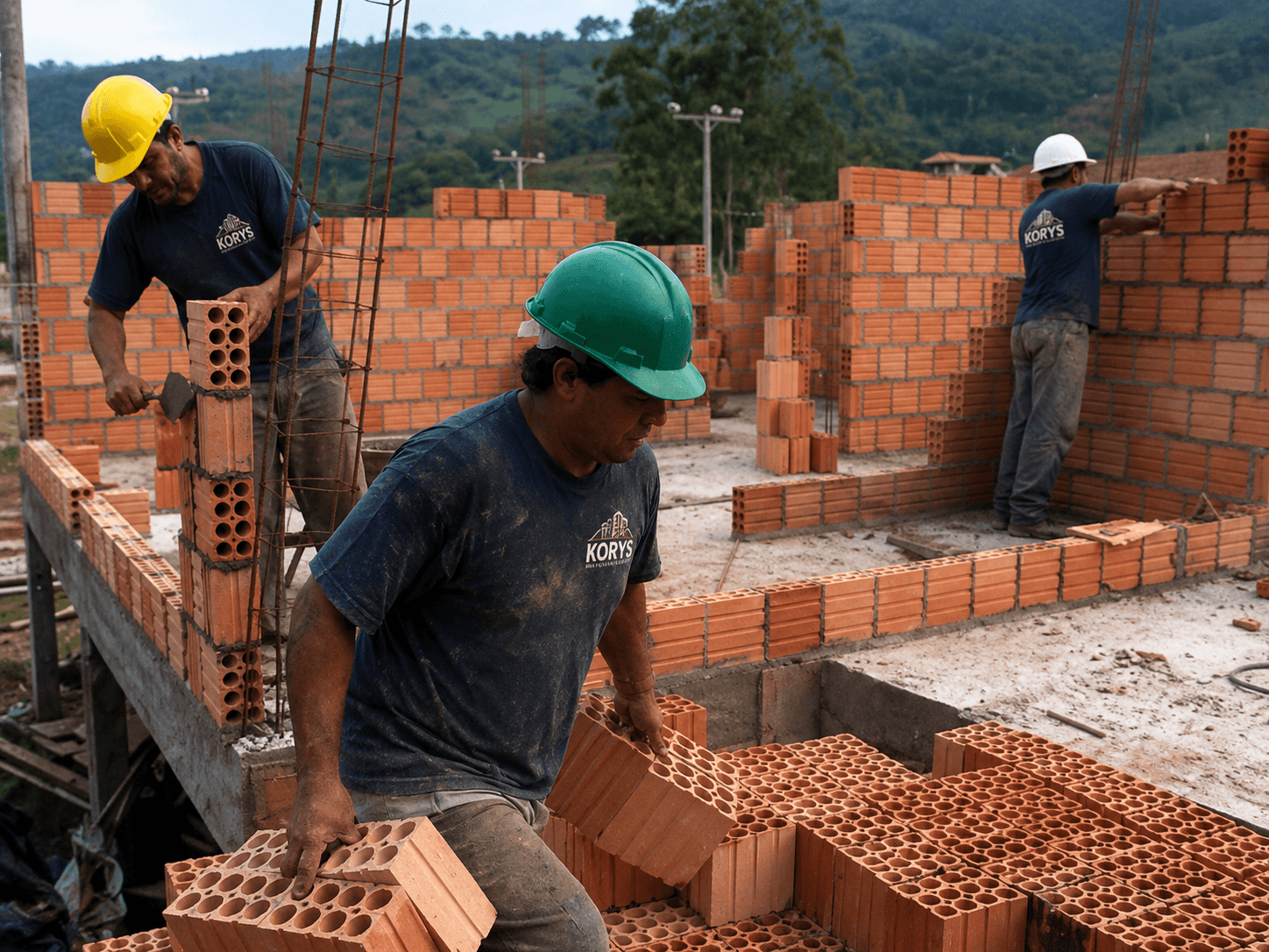 Equipe do Grupo KORYS executando alvenaria em obra